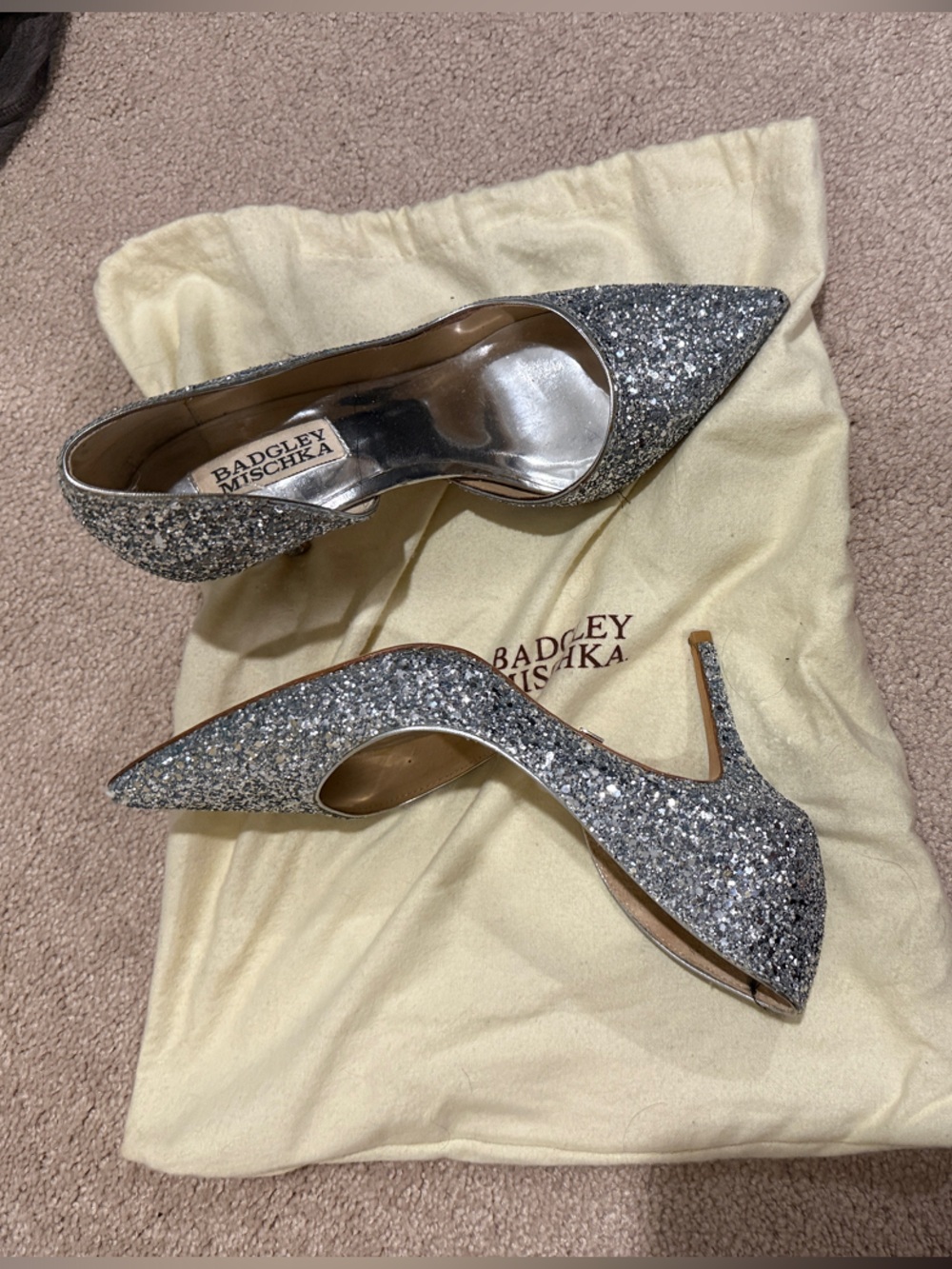 Badgley Mischka Silver Glitter Pointed Pumps with Stiletto Heel